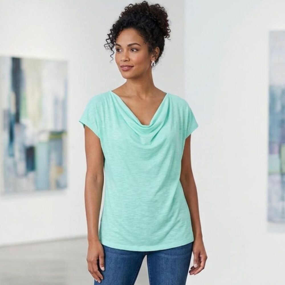 Cato Womens Mint Green Cowl Neck Short Sleeve Top Size L Large Casual Stretch
